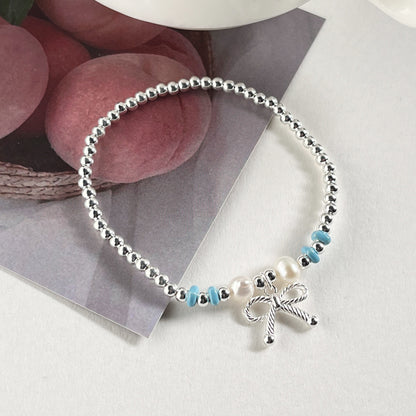 S925 Sterling Silver Natural Pearl Bowknot Blue Stone Bracelet